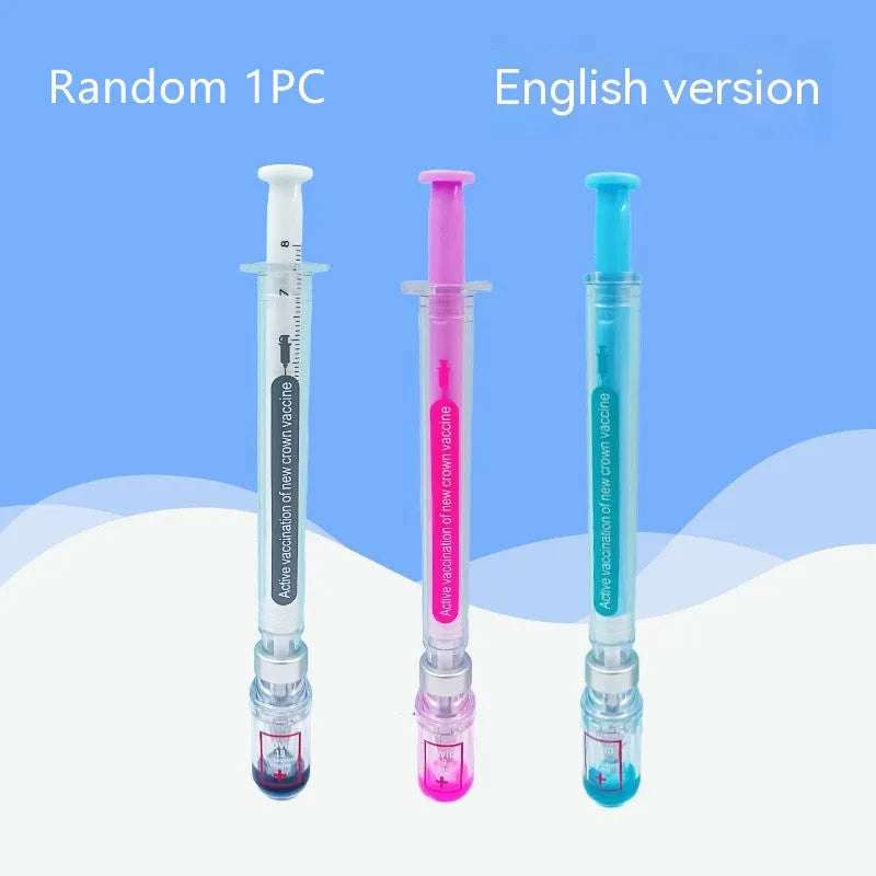 Vaccine design gel pen with black ink and 0.5mm tip in plastic construction