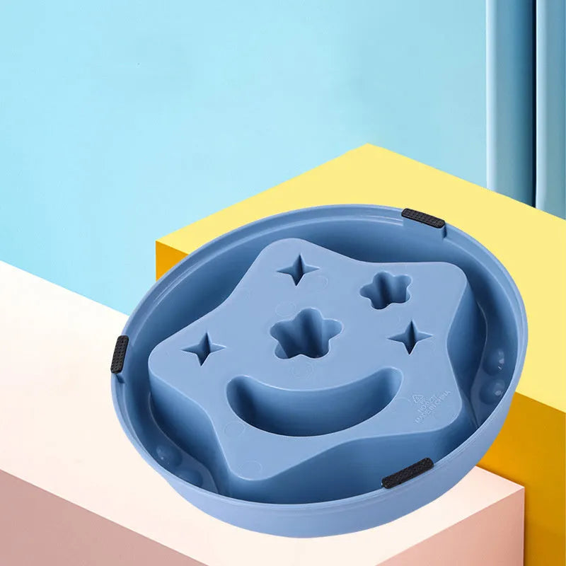 Large slow feeder dog bowl with moon star wings pattern and non-slip base in blue colour
