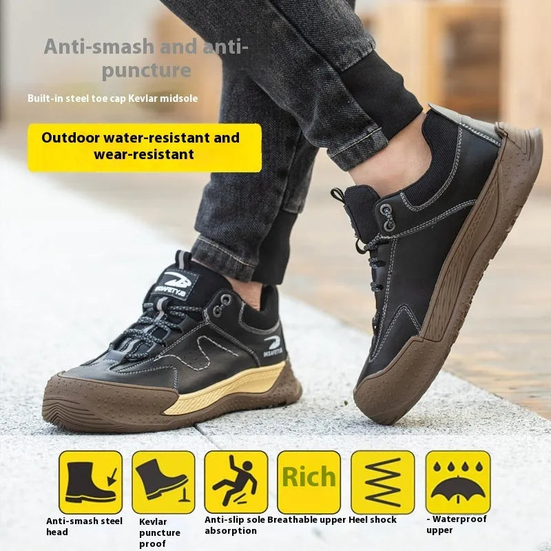 Flyknit leather work safety shoes with rubber sole in black, shown in a size 42.