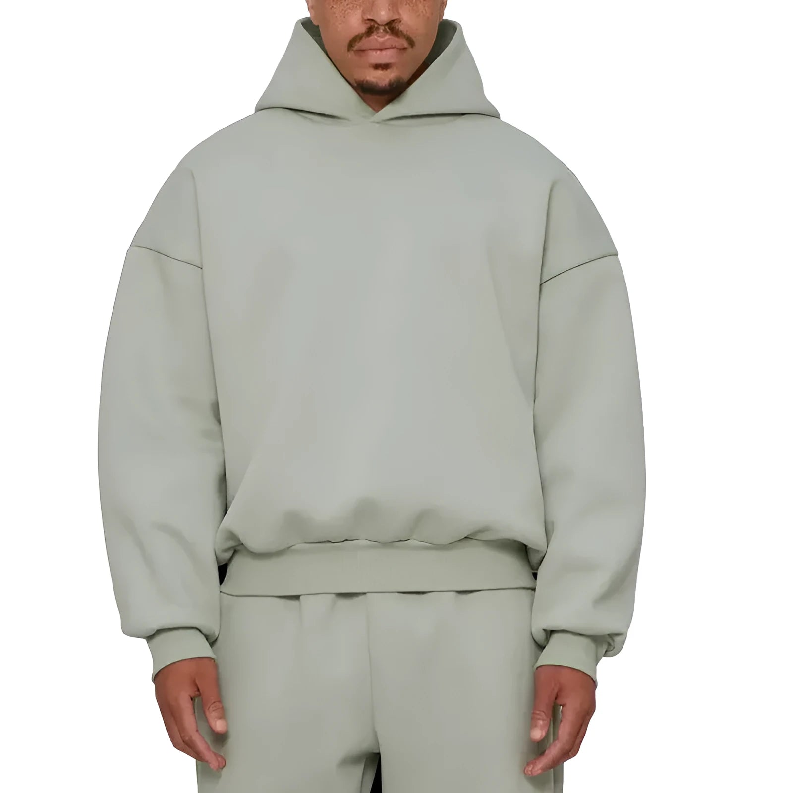 Men's grey fleece-lined cotton hoodie with wool lining, pullover style with long sleeves