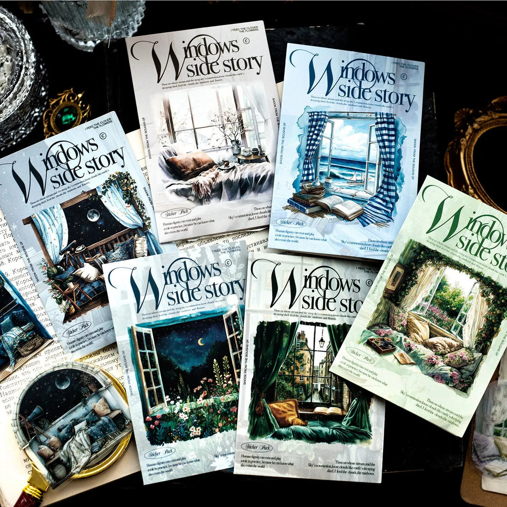 Retro style window-themed decorative stickers for journals in six colour variations