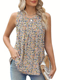 Black floral print plus size sleeveless vest on a hanger, showing round neck and loose fit.