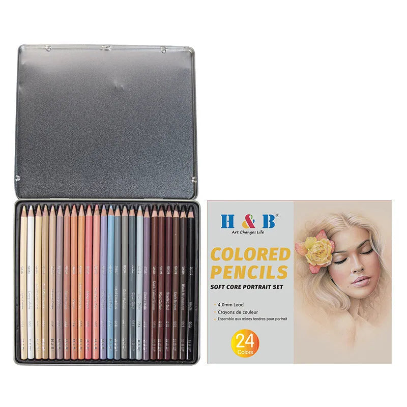 24 skin tone coloured pencils in iron tin case with round brush pot for portrait artwork