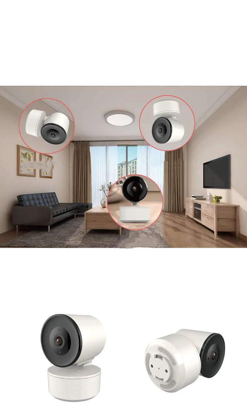 Indoor smart Wi-Fi security camera with 1080p resolution and pan-tilt-zoom mount on a white background.