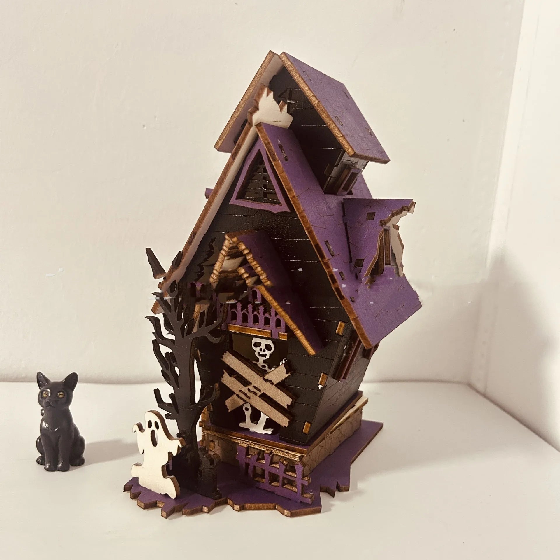DIY wooden glowing haunted house Halloween decoration and candlestick holder, unassembled craft kit.