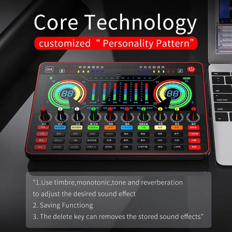 G4 professional sound card set with condenser microphone, remote control, audio cables, and LCD display