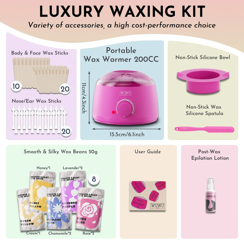 Waxing kit with warmer, beads, sticks and lotion for home hair removal