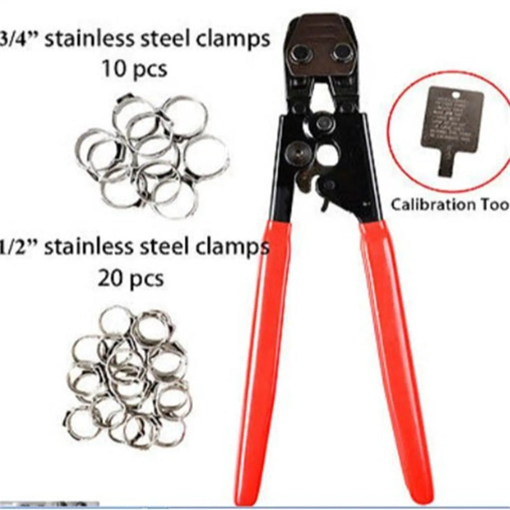 Red cloth style single ear PEX clamp set with metal construction and carbon steel cutting edge