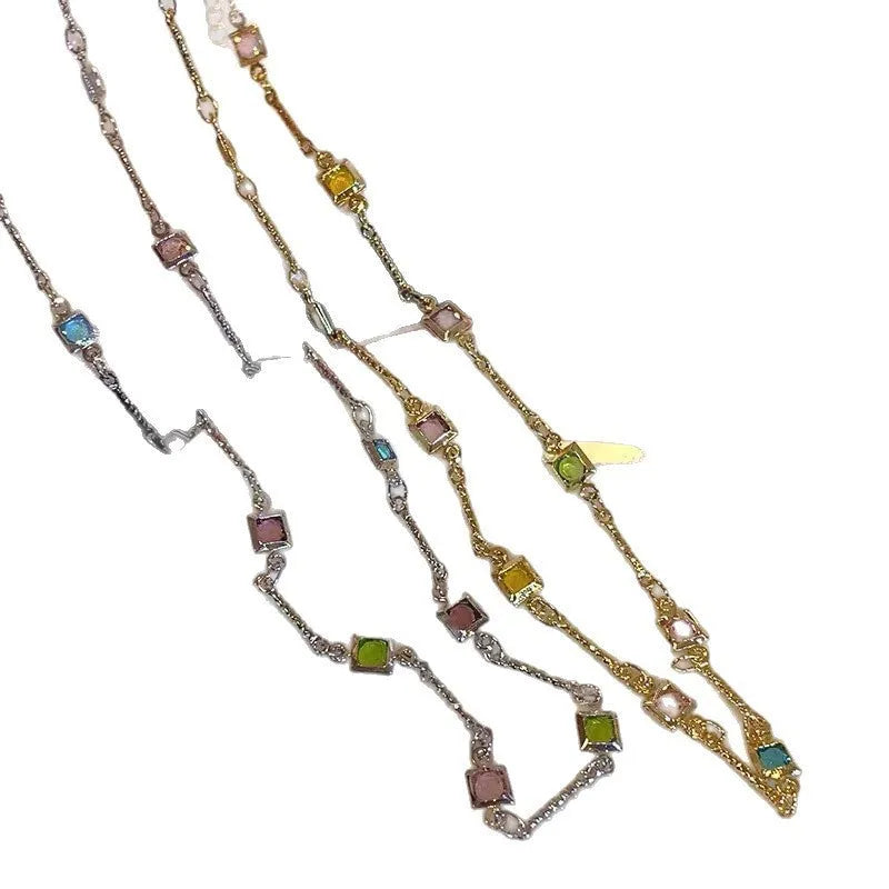 Square colour geometric clavicle chain necklace with artificial crystal pendant on fine alloy chain