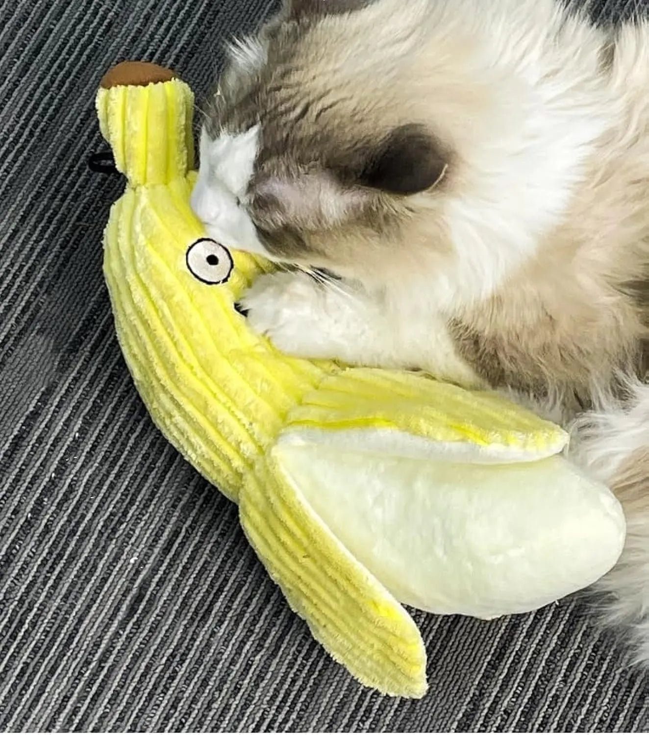 Yellow banana cat crinkle toy with plush fabric and velvet texture strip