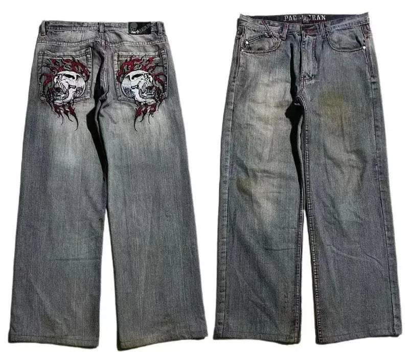 Men's grey retro washed-out jeans with wide-leg workwear design and straight-leg styling