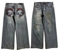 Men's grey retro washed-out jeans with wide-leg workwear design and straight-leg styling