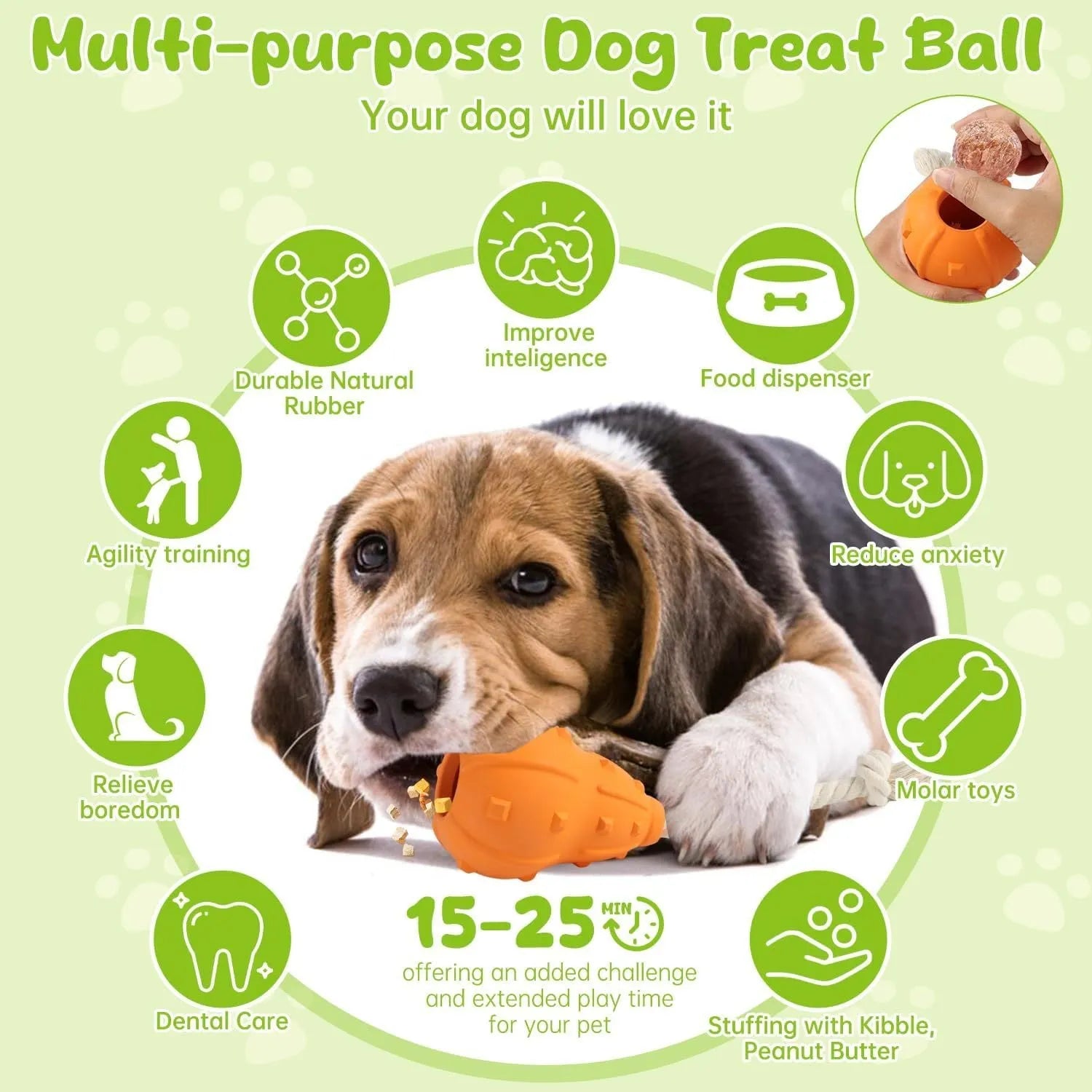 Natural rubber stuffable dog toy for small medium breeds on a green background