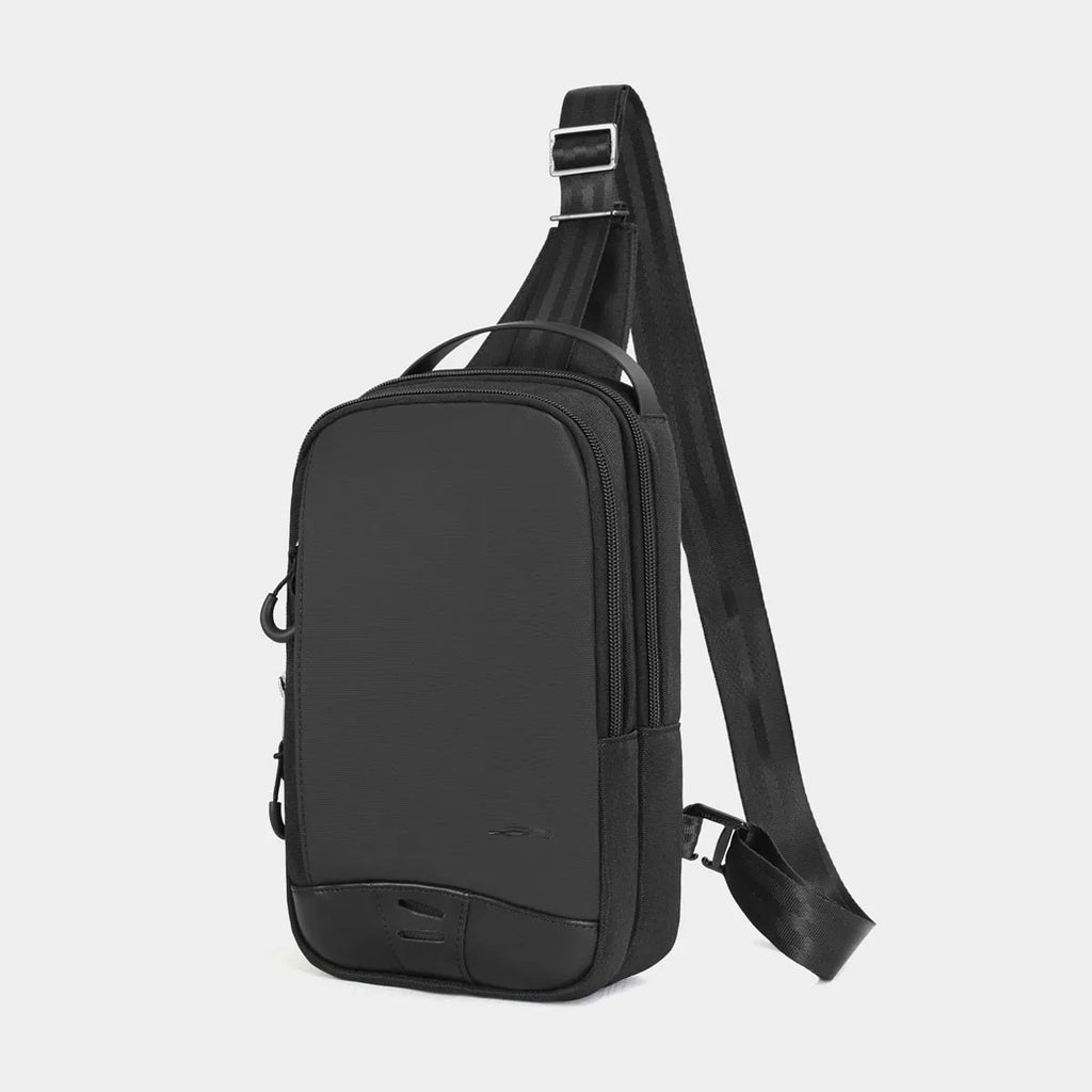 Casual black camouflage pattern chest bag with a shoulder strap, shown in a square vertical shape.
