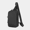 Casual black camouflage pattern chest bag with a shoulder strap, shown in a square vertical shape.