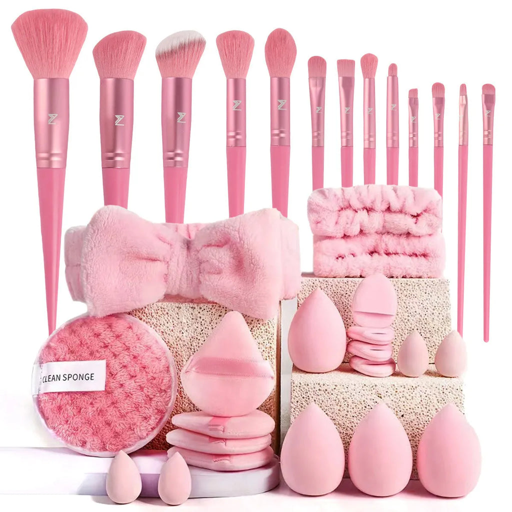 Beauty tool set with hydrophilic non-latex materials in brown, pink, and purple colours showing multiple specification options