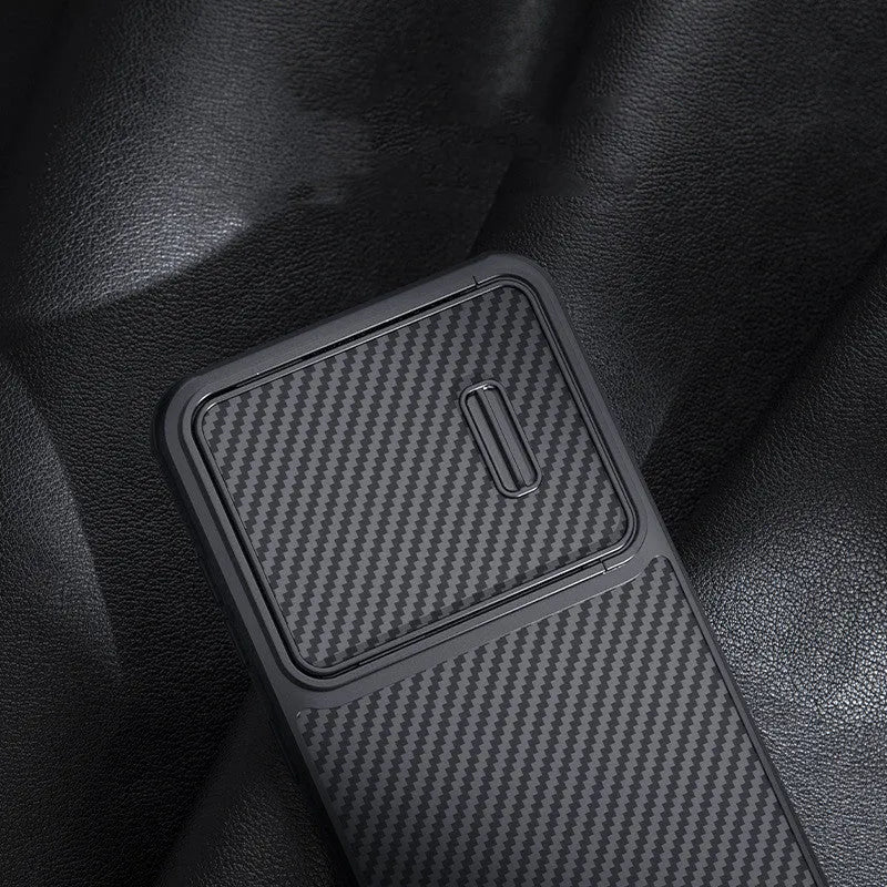 Black Samsung S23 Ultra phone case with a flip-up camera lens cover, showing TPU and carbon fibre materials.