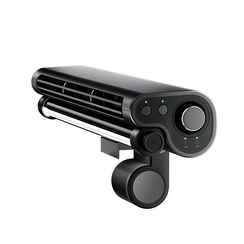 Black clip-on bladeless USB fan with LED lighting mounted on laptop screen showing compact design