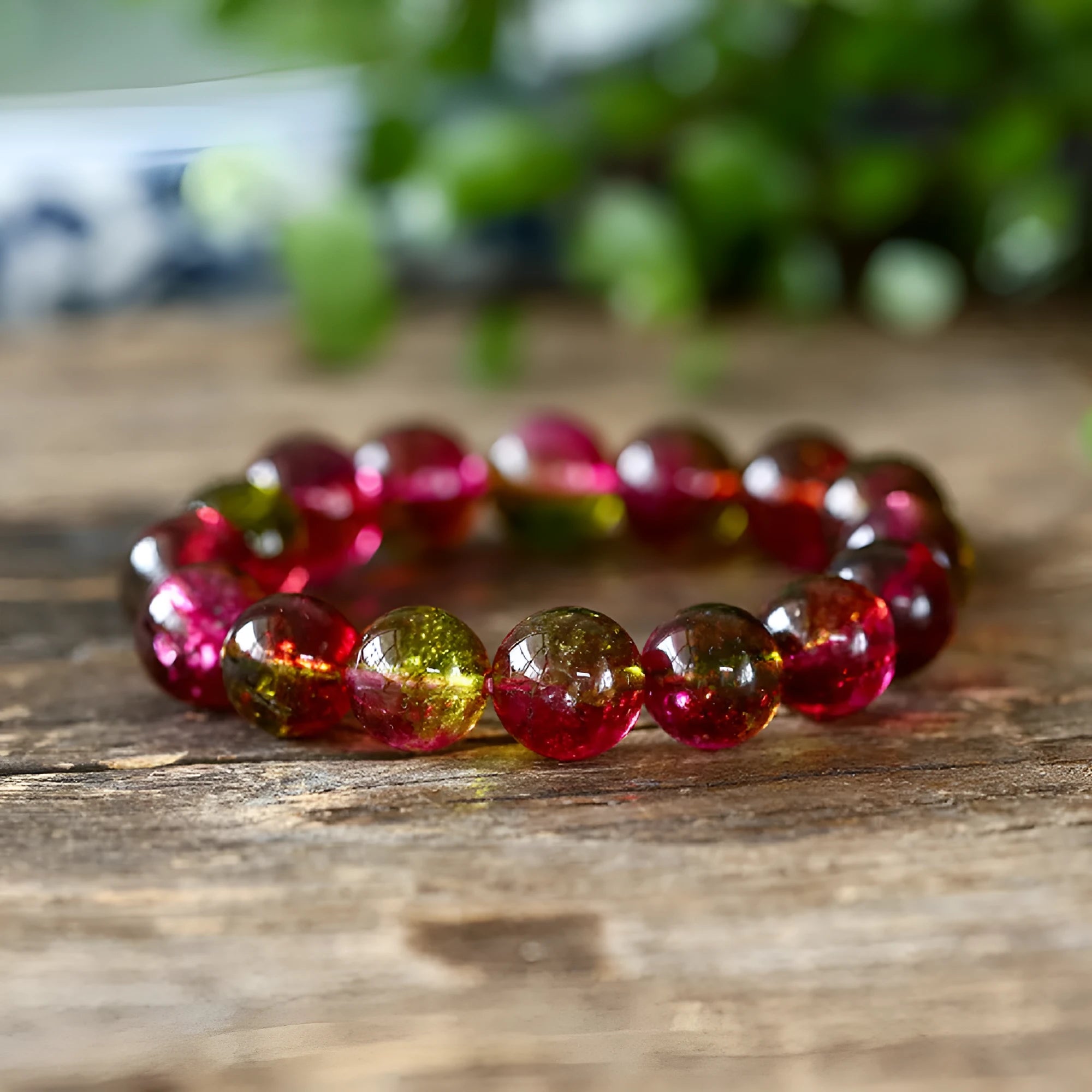 Women's handmade watermelon crystal bracelet showing pastoral casual style with adjustable sizing options