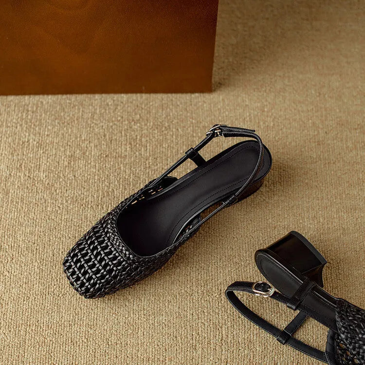 Women's beige woven sandals with closed toe, square head, buckle strap, and chunky heel.