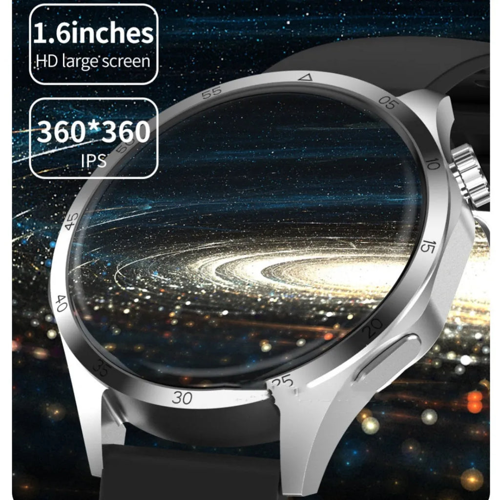 Black smartwatch with Bluetooth calling and health tracking features on a silicone strap.