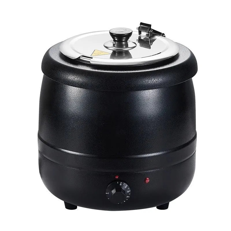 Black stainless steel insulated electric soup pot with large steel cover, 10-litre capacity