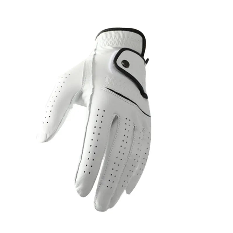 White half sheepskin men's golf glove for left or right hand, showing textured palm.