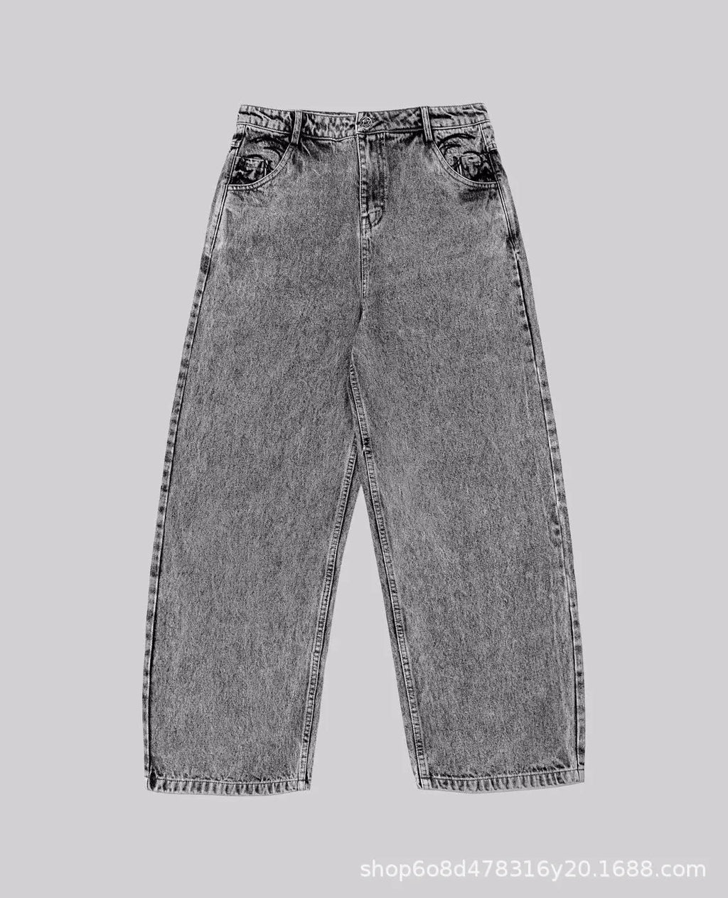 Grey loose-fit straight-leg cotton denim trousers on a mid-waist mannequin