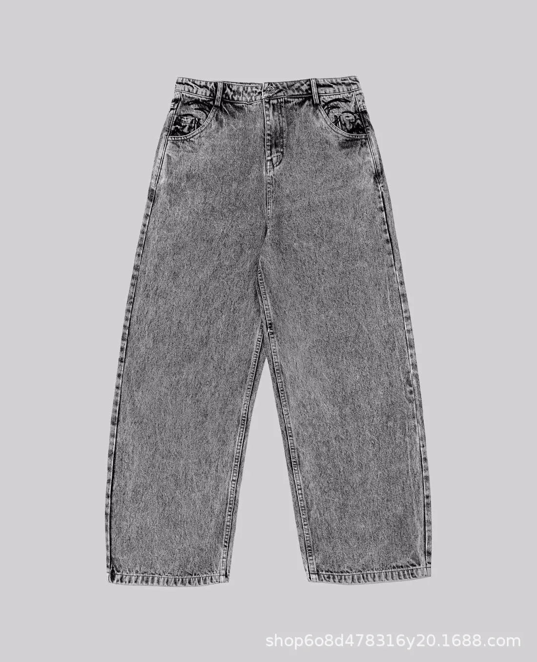 Grey loose-fit straight-leg cotton denim trousers on a mid-waist mannequin