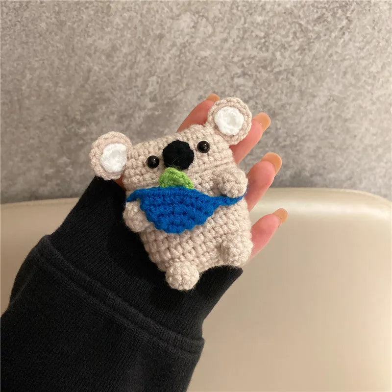 Handmade knitted koala bear backpack design protective case for AirPods charging case.