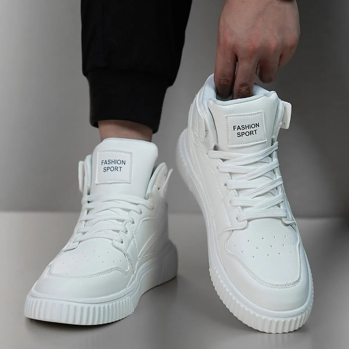 White men's microfiber casual shoes with a round toe, shown on a plain background.