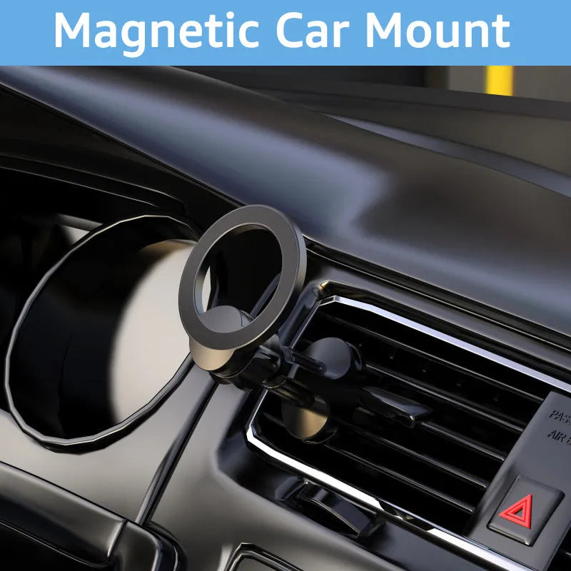 Black magnetic car air vent phone holder with O-ring design holding a smartphone