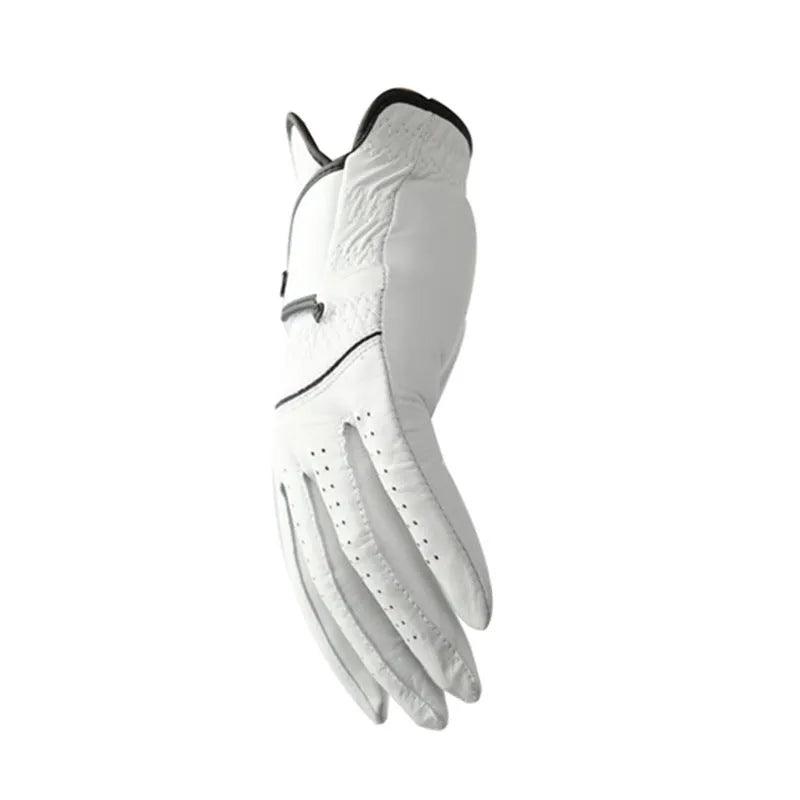 White half sheepskin men's golf glove for left or right hand, showing textured palm.