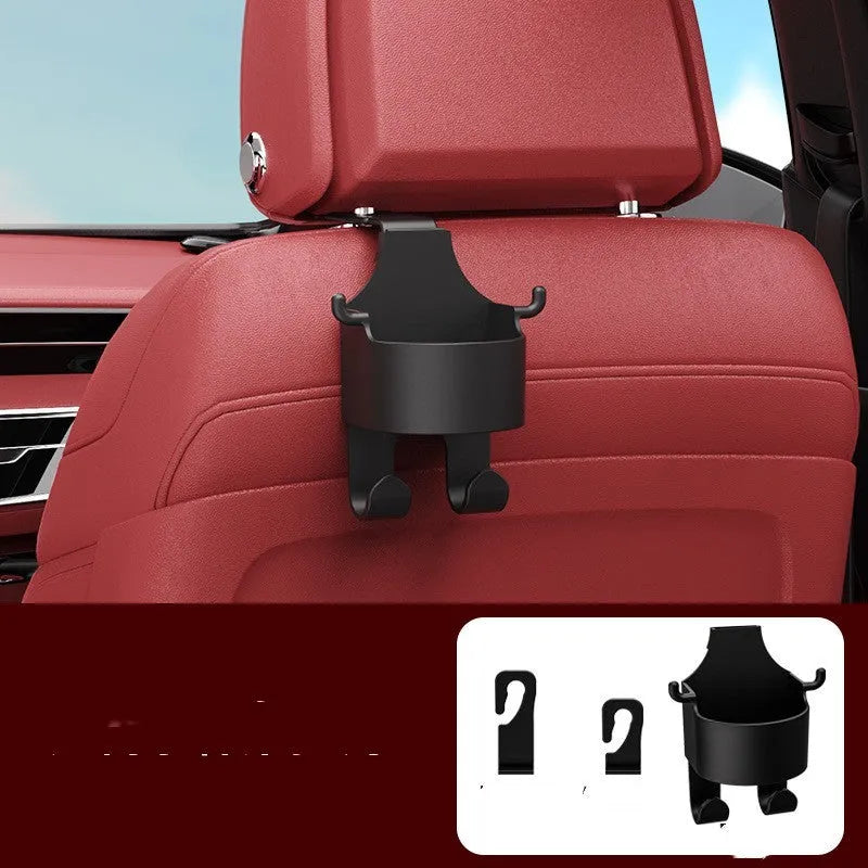 Black plastic car hook seat back organiser with cup holder measuring 8.5x7.1x14.4cm