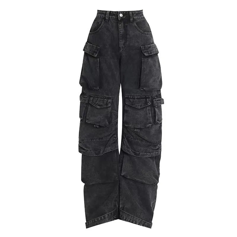 Women's tie-dyed high waist wide leg trousers with multiple pockets in blue denim fabric