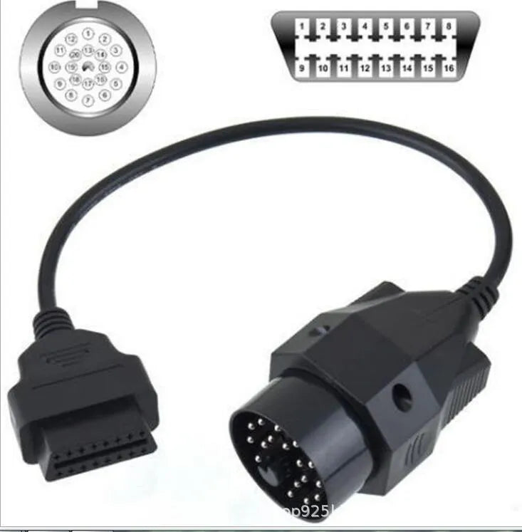 BMW 20-pin to standard 16-pin OBD2 diagnostic adapter cable on a white background.