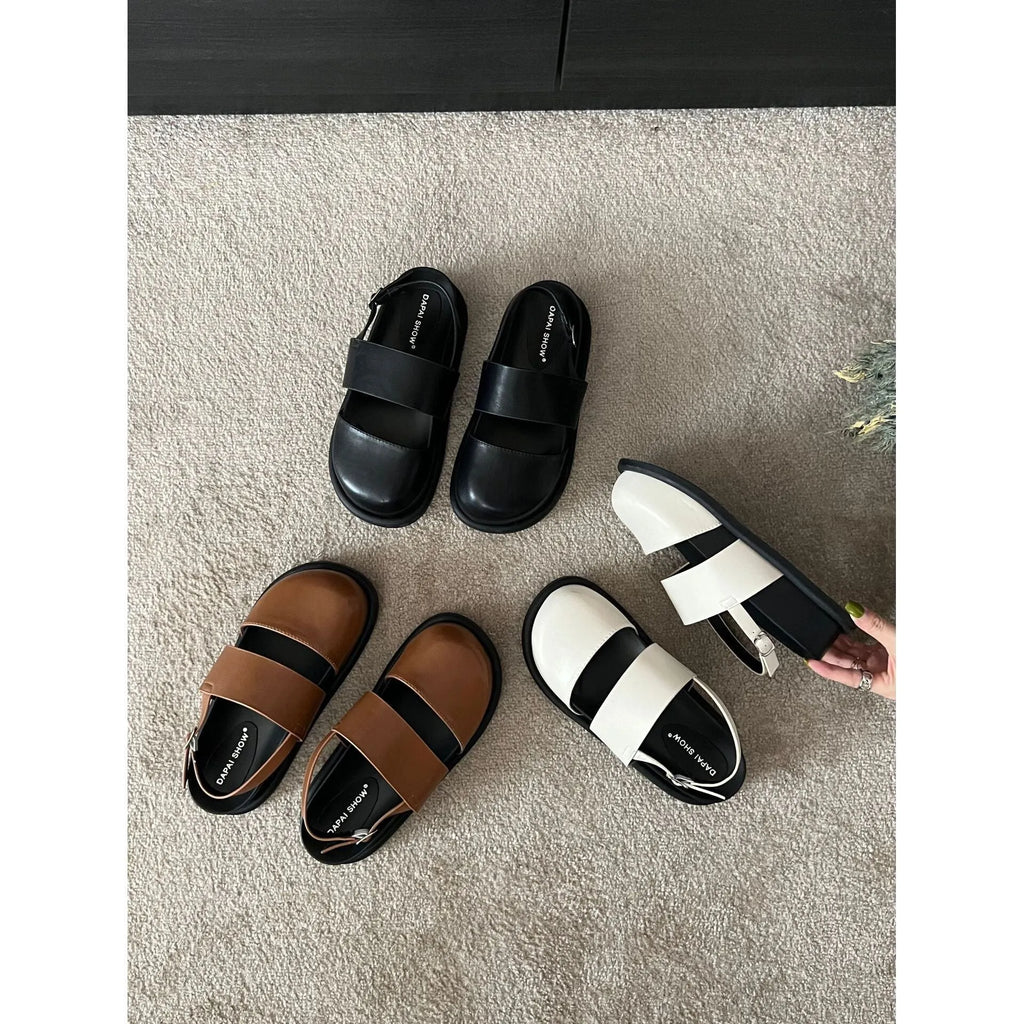 Korean retro sandals with closed toe design and adjustable ankle strap buckle in microfiber material