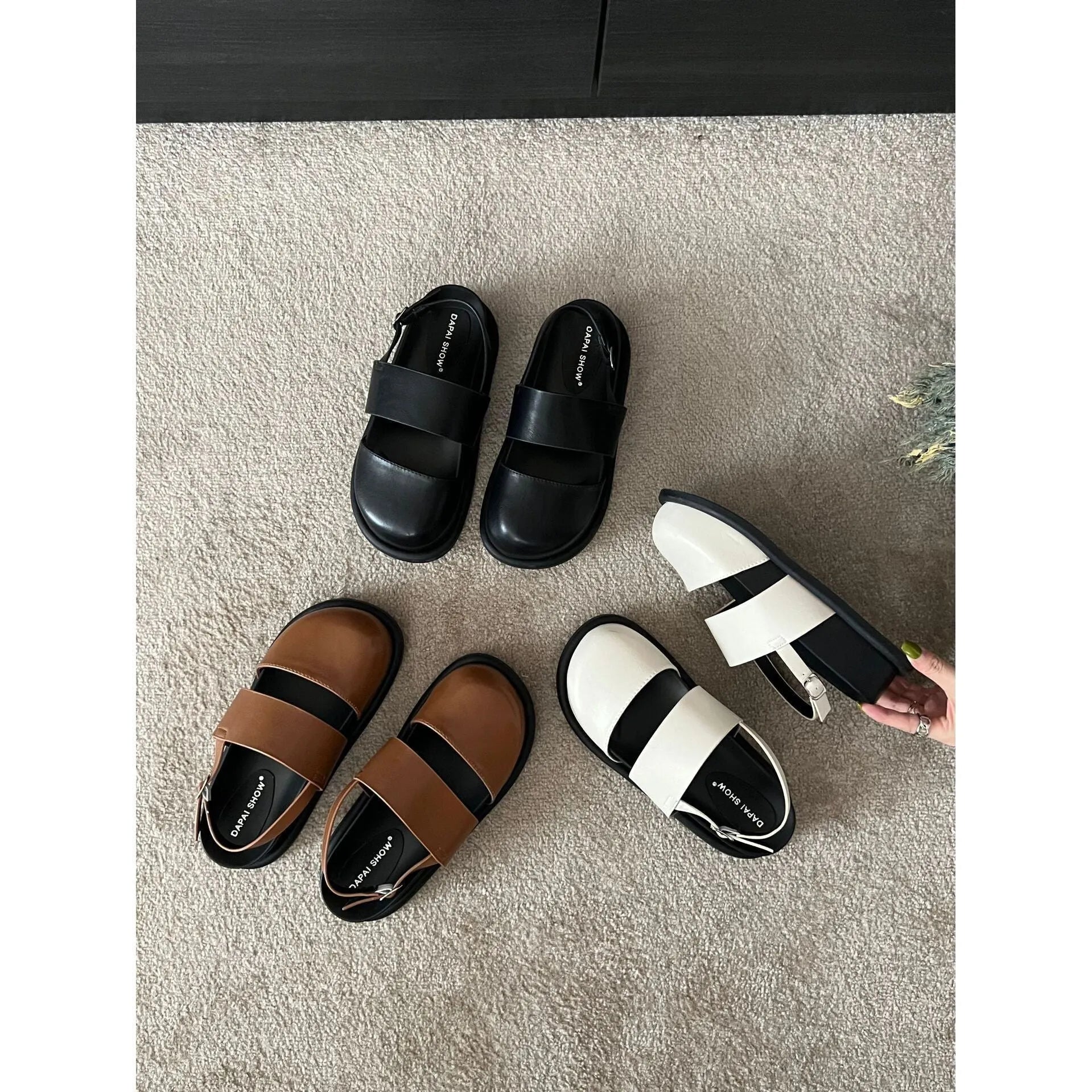 Korean retro sandals with closed toe design and adjustable ankle strap buckle in microfiber material