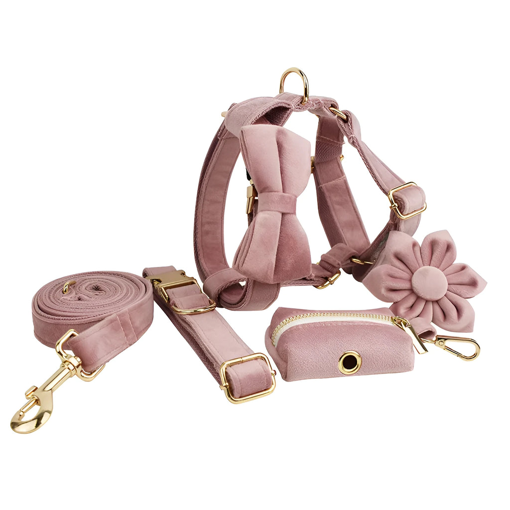 Light purple pink velvet dog collar with metal D-ring on a grey background