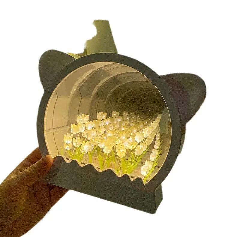 Handmade DIY cat head shaped night lamp decorated with a sea of colourful tulip flowers