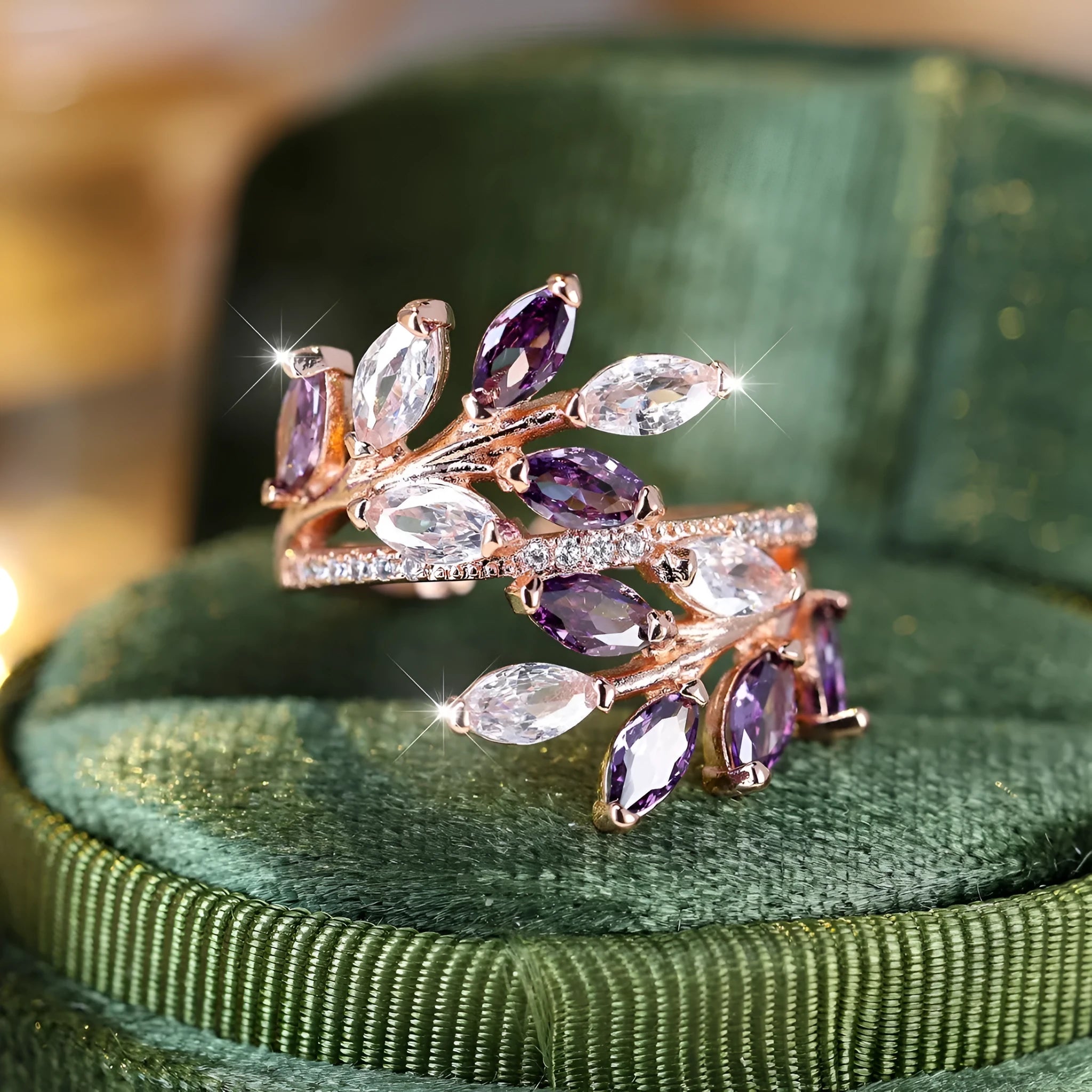 Adjustable copper leaf ring with zircon stones in multiple colour options including sapphire blue and white diamond
