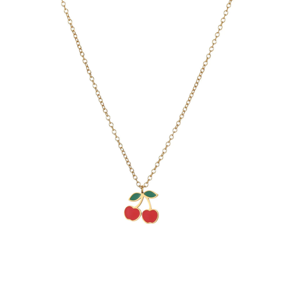 Cherry jewellery set with gold-plated necklace, bracelet, earrings, and ring on stainless steel chain