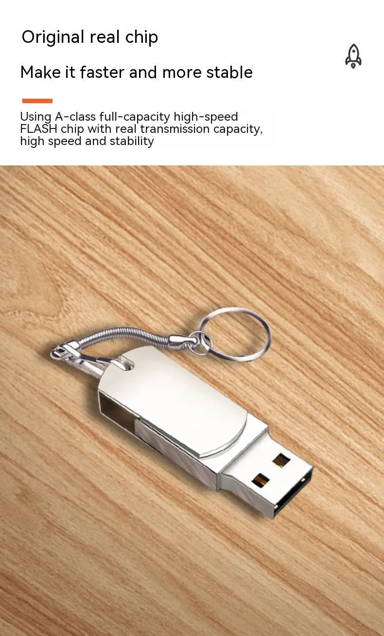 White metal rotating USB flash drive showing compact size and connector.