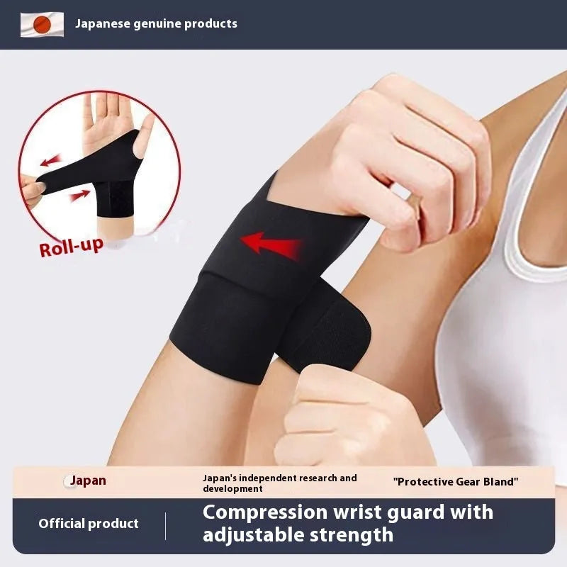 Adjustable black breathable wristguard worn on wrist for sports like badminton and tennis.