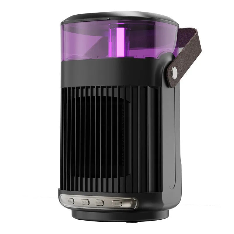Black portable heater with humidifier showing front control panel and compact 24x13x13cm dimensions