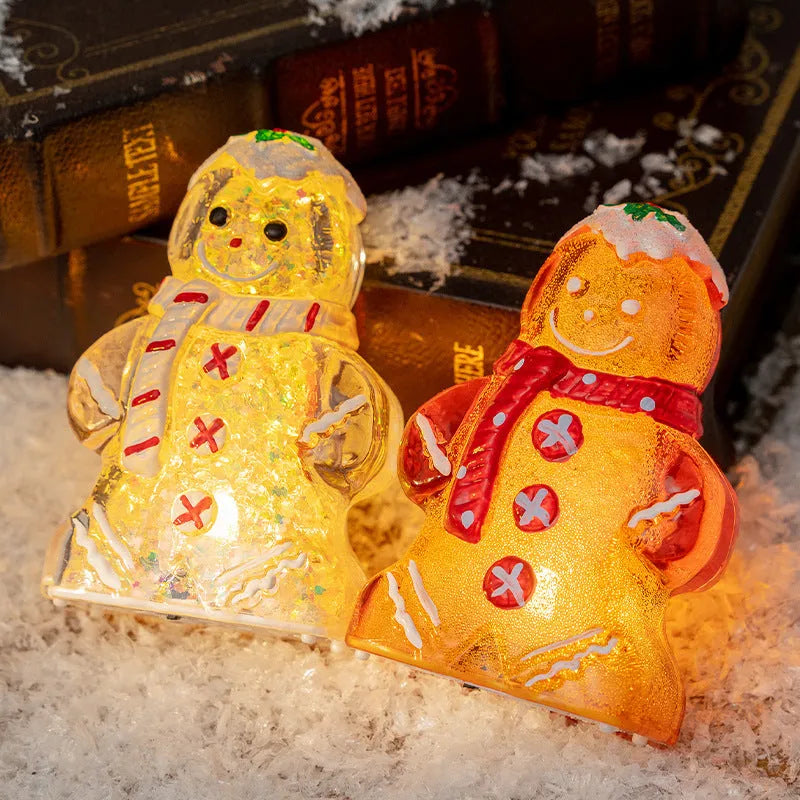 Glowing plastic gingerbread man Christmas ornament with LED light and a red scarf, modern simple style.