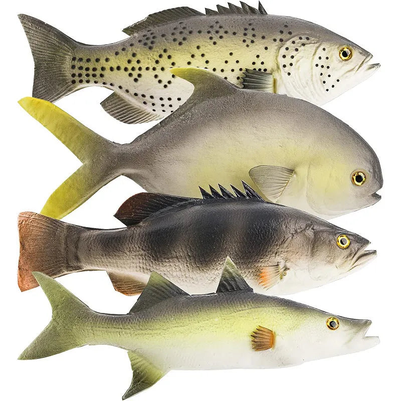 Set of three realistic PU simulated fish ornaments: yellow-fin tuna, small tuna, and yellow croaker.