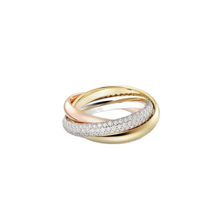 Sterling silver geometric U-shape couple ring with diamond setting on a hand.