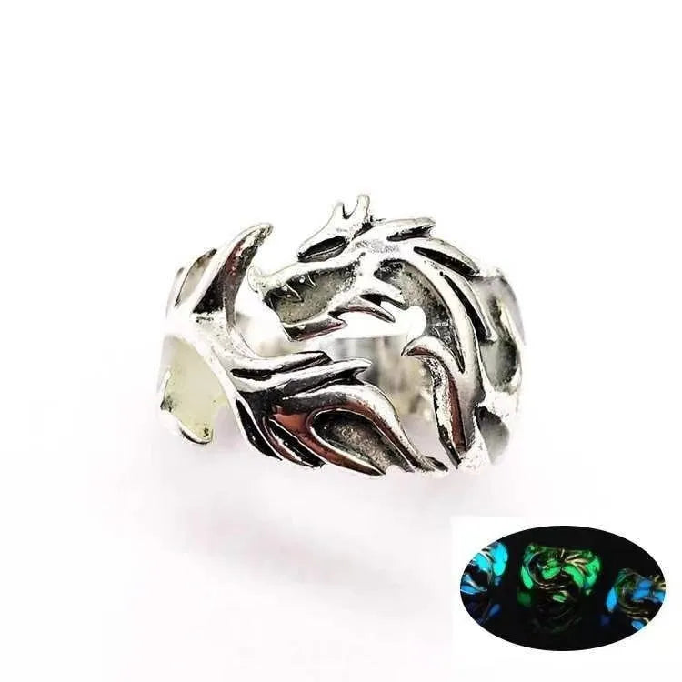 Chinese dragon pattern adjustable ring in archaism silver blue and green colour