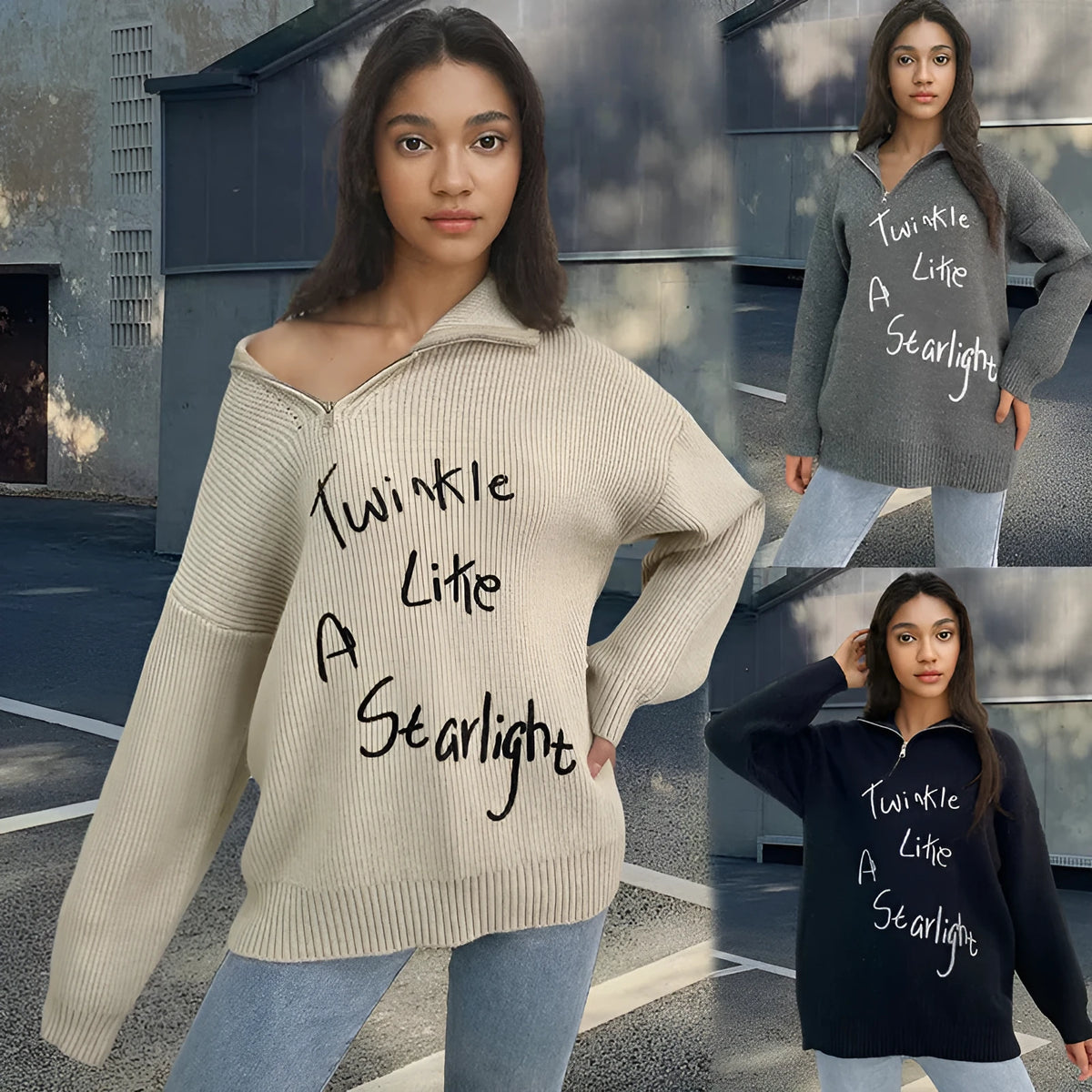Woman wearing a light khaki alpaca wool pullover sweater with an oblique zipper and retro turtleneck.